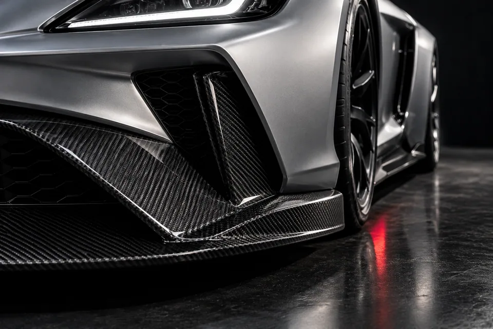 Close view of silver bodywork and a carbon front lip, generated styling concept