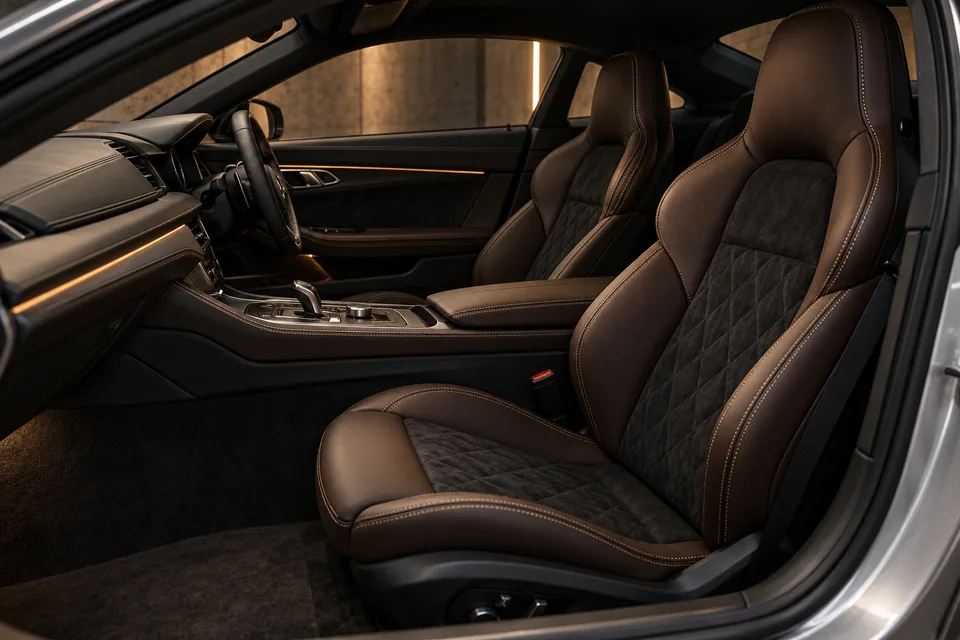 Espresso leather and black Alcantara seating with warm ambient trim, generated cabin design concept