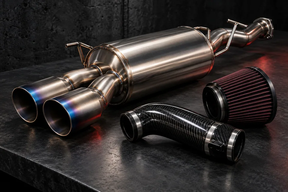 Stainless exhaust and intake components on a dark workbench, illustrative product concepts