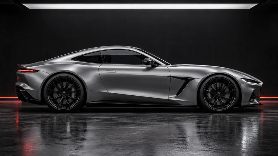 Silver coupe in side profile under a precise studio light, generated exterior concept